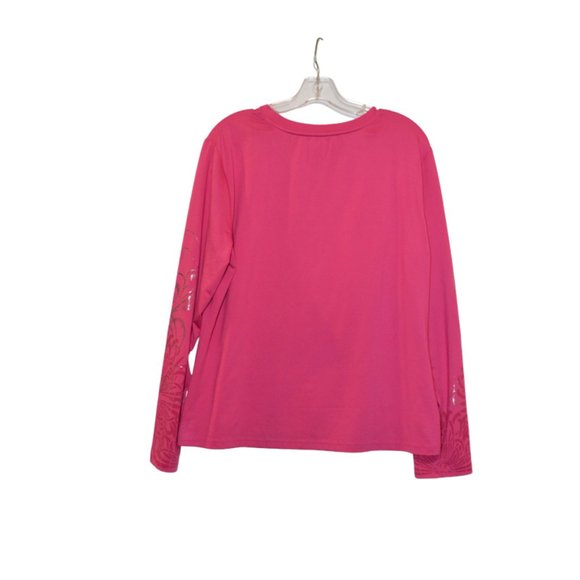 Smitten Pink Magenta Active Wear Long Sleeves Floral Silver Print Tee L - Picture 3 of 3